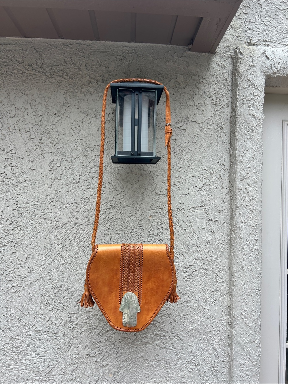 Handcrafted in MOROCCO, Tan Leather Crossbody Bag w: Braided Strap and silver pc